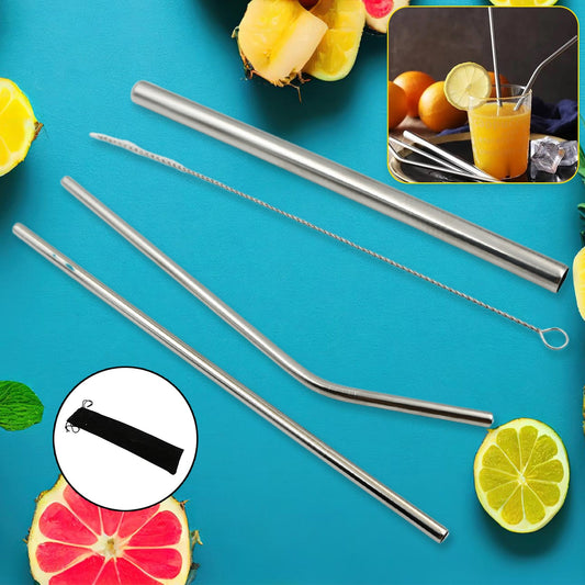 Reusable Stainless Steel Straws with Travel Case Cleaning Brush Eco Friendly Extra Long Metal Straws Drinking Set of 4 (2 Straight straws, 1 Bent straws, 1 Brush) (MKK+X63)