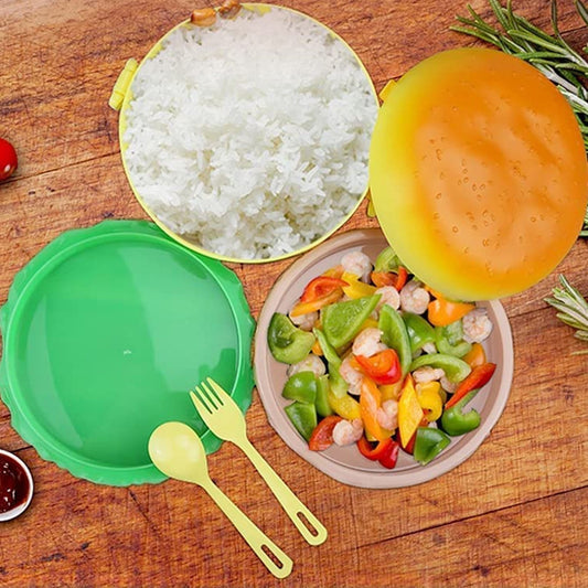 Burger Shape Lunch Box Plastic Lunch Box Food Container Sets Double Layer Lunchbox 1000ml With 2 Spoon Applicable to Kids and Elementary School Students (X606)