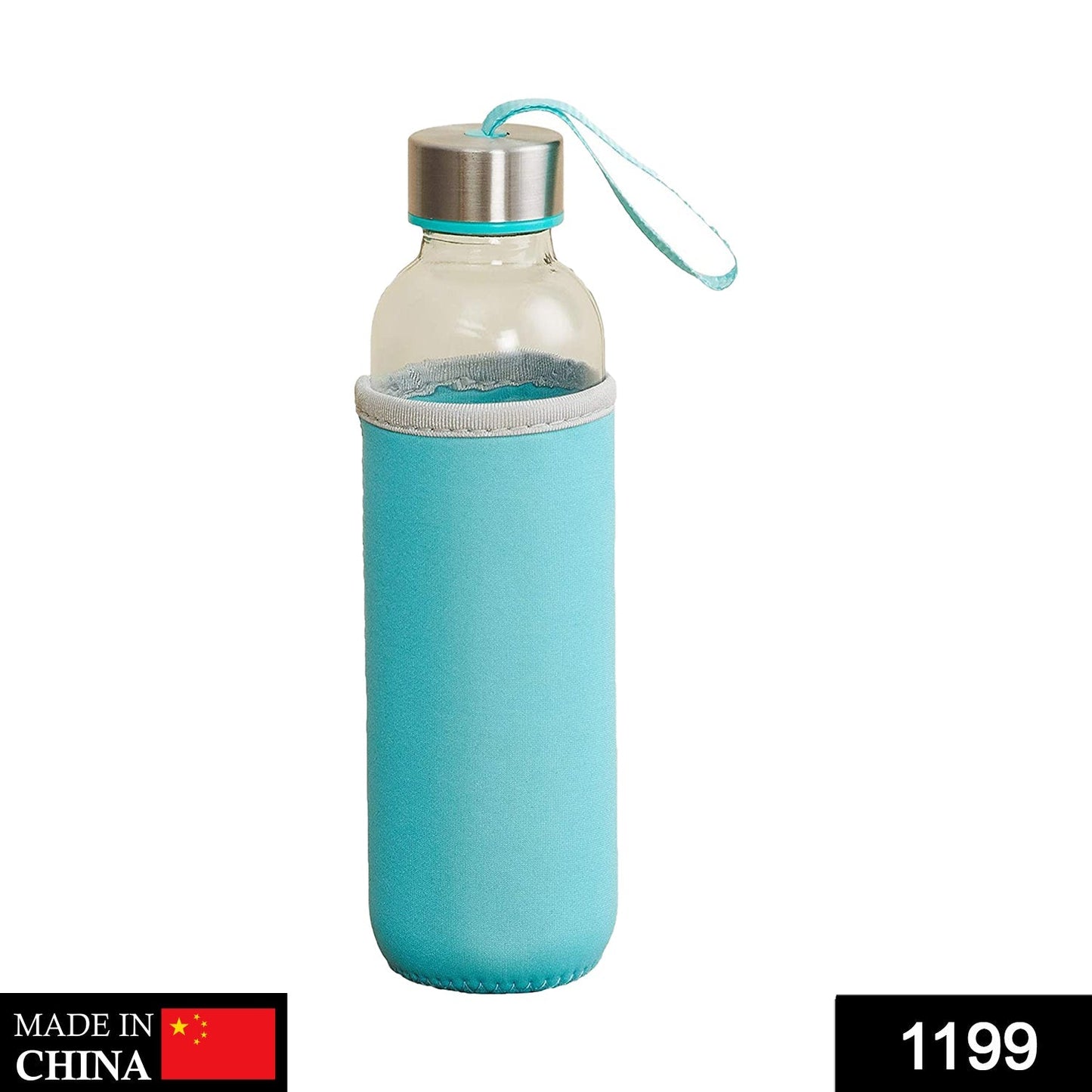 ManiKKshay glass water bottle, 500 ml, with protective cover.