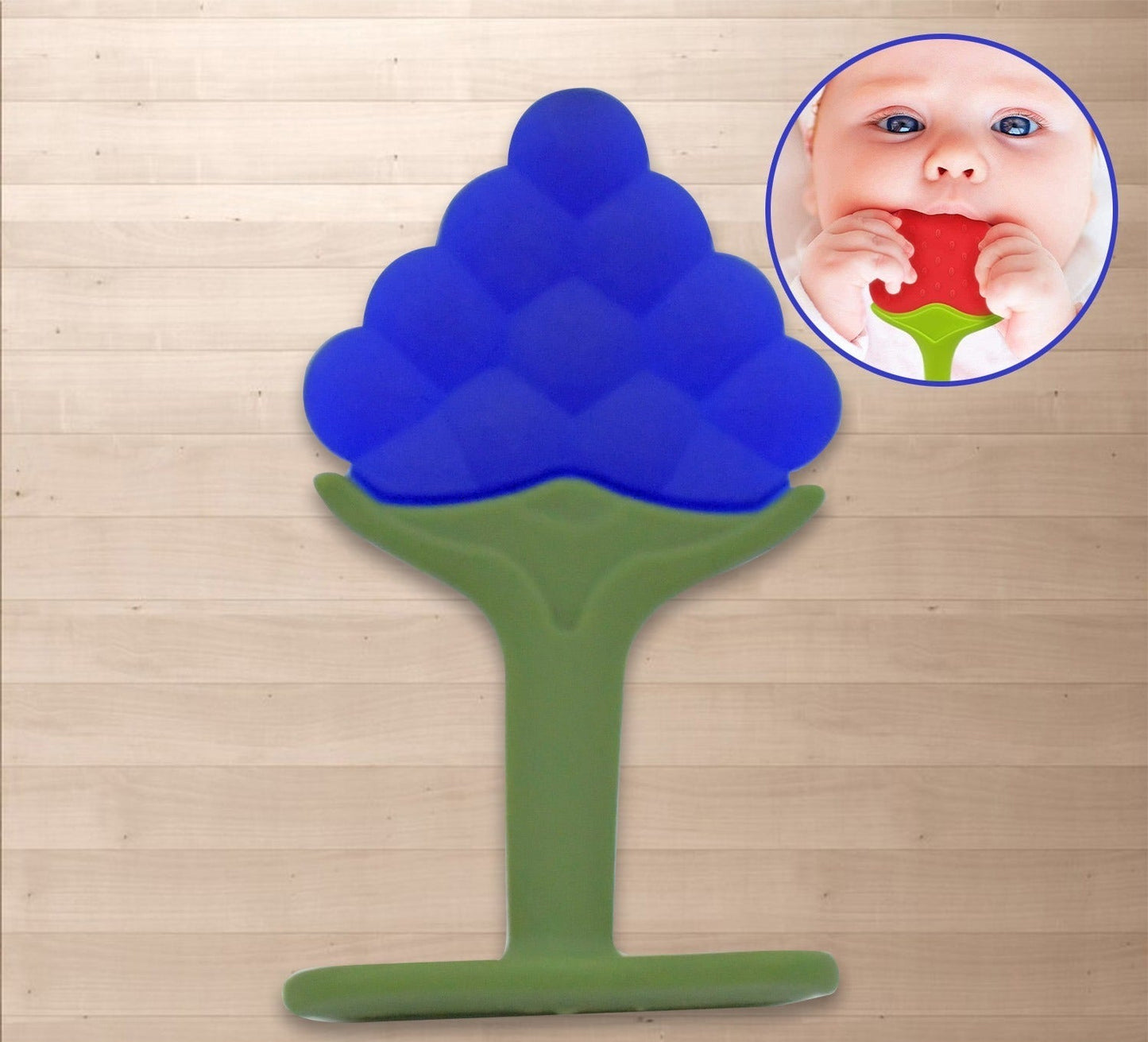 Close-up of a silicone teether with multiple textures for gum relief.