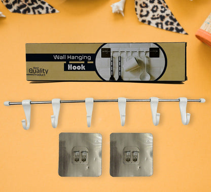 Stainless Steel Utensil Hanger Rail Nail Free Wall Mount with 2 Magic Stickers & 6 Plastic Hooks For Kitchen (X472)