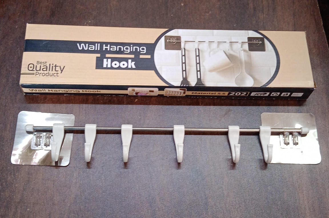 Stainless Steel Utensil Hanger Rail Nail Free Wall Mount with 2 Magic Stickers & 6 Plastic Hooks For Kitchen (X472)