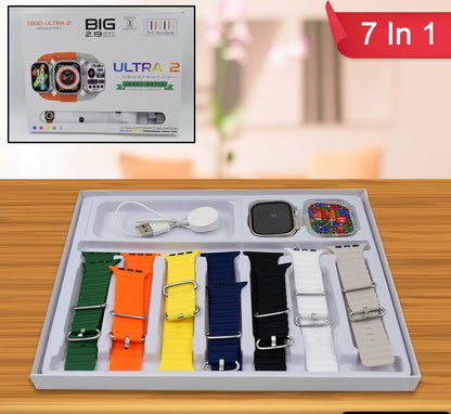 7 In 1 Ultra Smart Watch Combo With Seven Classic Straps  Transparent Screen Guard (1 Set  Mix Color) (MKK-X62)