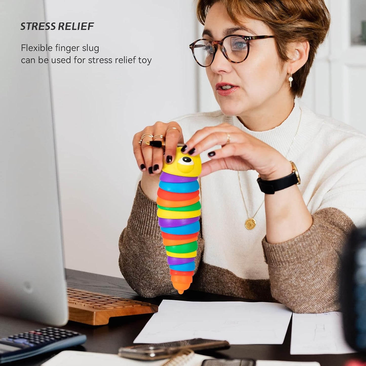 MKK-43-3D Rainbow Color Plastic Slug Fidget Toys, Stress Relieving Toy, Sensory Slug Toy for Boys and Girls, Finger slug Toy, for Autistic, Caterpillar Fidget Toys Stress Relief Gifts for Toddlers Kids Adults  (1 Pc)