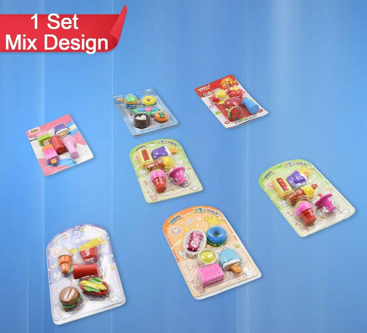 Colorful and stylish erasers set for children, mixed designs.