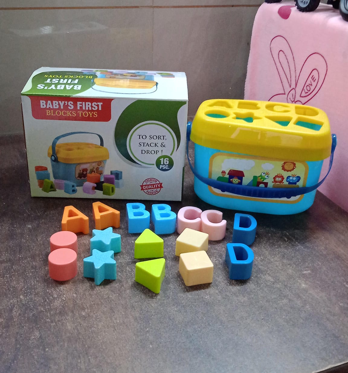 Baby First Block Set for Kids Non-Toxic Abcd Geometric Shape Sorting & Stacking Toy (1 Set) (X424)
