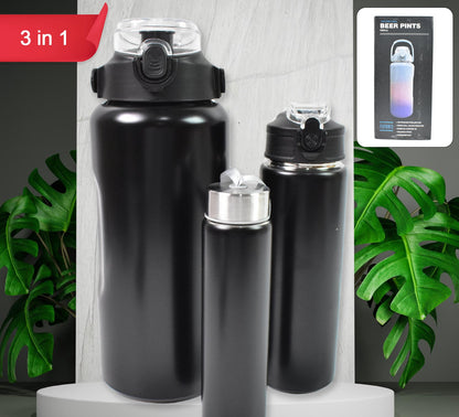 3 In 1 Stainless Steel Insulated Water Bottle Double Wall Vacuum (3 Pcs Set  Different Size)(MKK-X108)