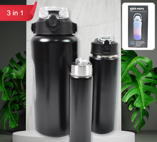 3 In 1 Stainless Steel Insulated Water Bottle Double Wall Vacuum (3 Pcs Set  Different Size)(MKK-X108)