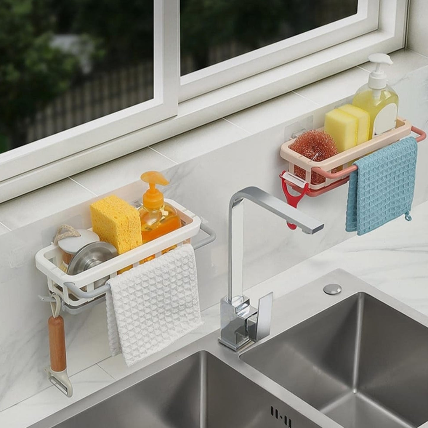 Multipurpose Platic Hanging Drain Rack Retractable Sponge Storage Hanging Rack With Adhesive Hook For Kitchen And Bathroom Dishcloth Holders Basket Drying Tray Organizer (X1051)