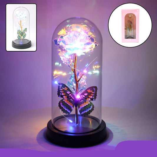 Led Light-up Eternal Rose With Butterfly In Transparent Dome (1 Pc  Battery Not Included)