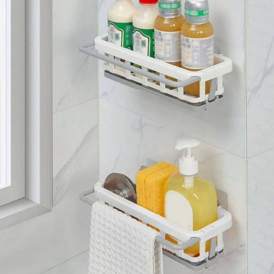Multipurpose Platic Hanging Drain Rack Retractable Sponge Storage Hanging Rack With Adhesive Hook For Kitchen And Bathroom Dishcloth Holders Basket Drying Tray Organizer (X1051)