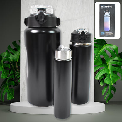 3 In 1 Stainless Steel Insulated Water Bottle Double Wall Vacuum (3 Pcs Set  Different Size)(MKK-X108)