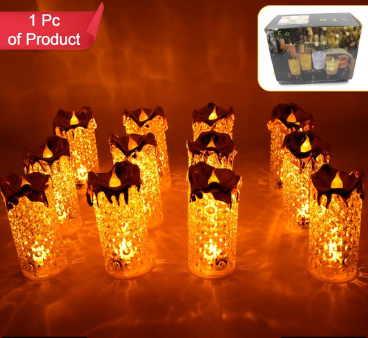Set of gold flameless LED candles with a warm glow, ideal for home decor and special occasions.