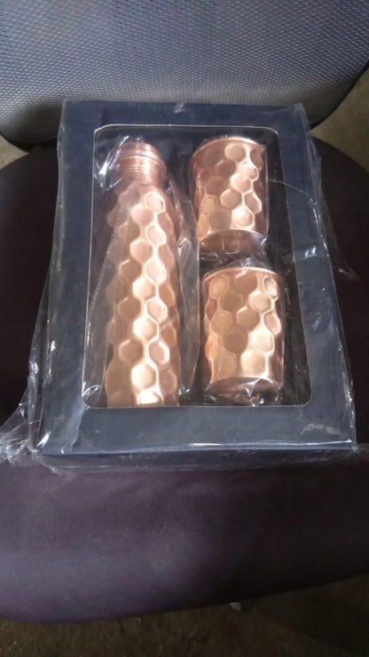 Diamond Cut Copper Water Bottle 2 Glasses with Gift Box (3 Pcs Set) (X197)