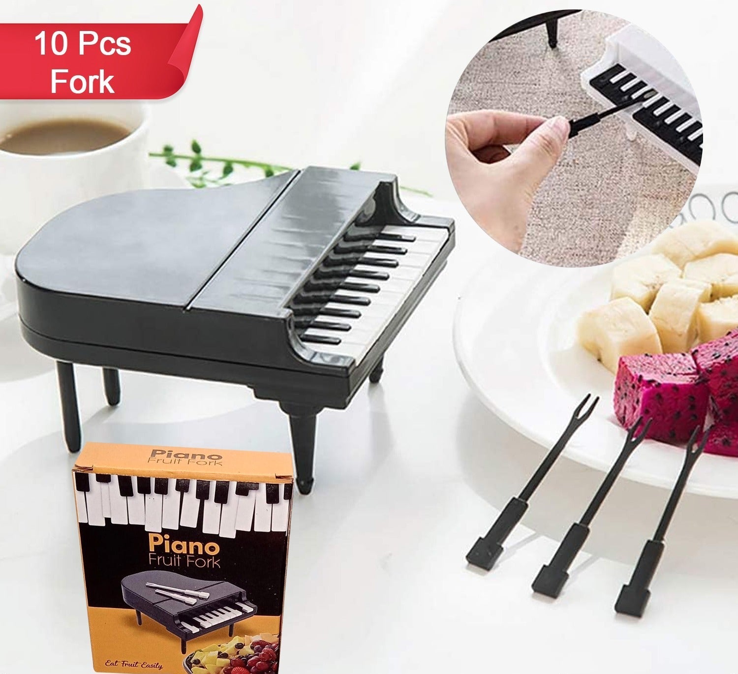 Colorful fruit forks set with piano design.