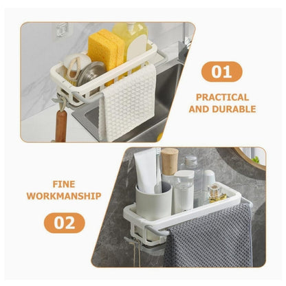 Multipurpose Platic Hanging Drain Rack Retractable Sponge Storage Hanging Rack With Adhesive Hook For Kitchen And Bathroom Dishcloth Holders Basket Drying Tray Organizer (X1051)